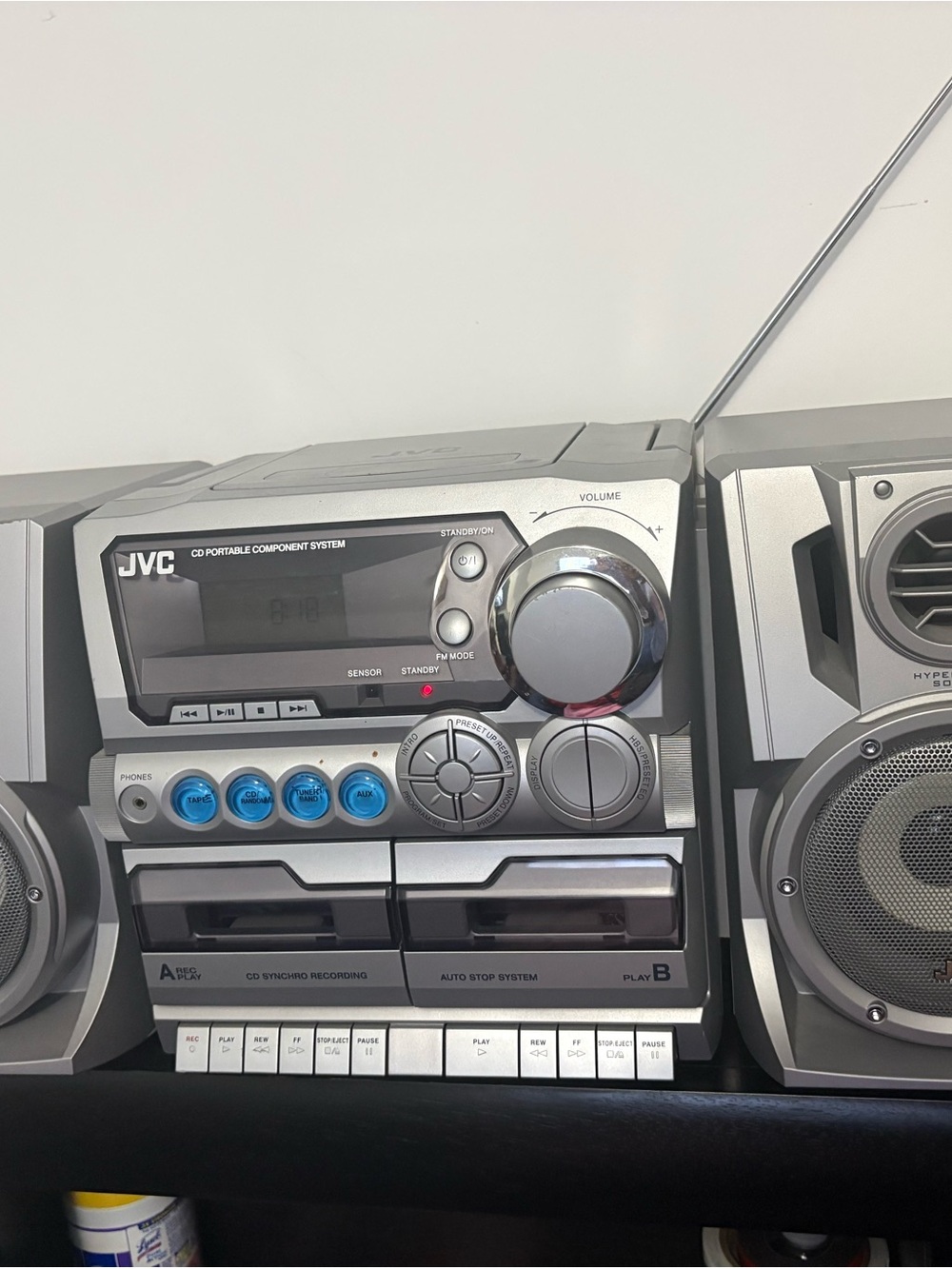 JVC Silver Portable Boombox with Dual Cassette and CD